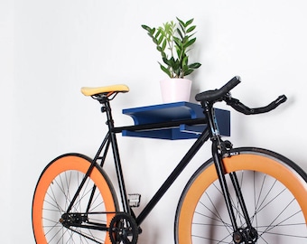 Wooden bike shelf / Blue wall bike rack / Bicycle holder / Wall bike stand