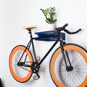 Wooden bike shelf / Blue wall bike rack / Bicycle holder / Wall bike stand