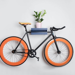 Wood bike wall mount / Blue shelf for bike storage / Wooden bike rack