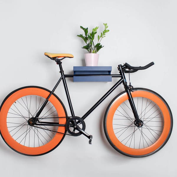 Wood bike wall mount / Blue shelf for bike storage / Wooden bike rack