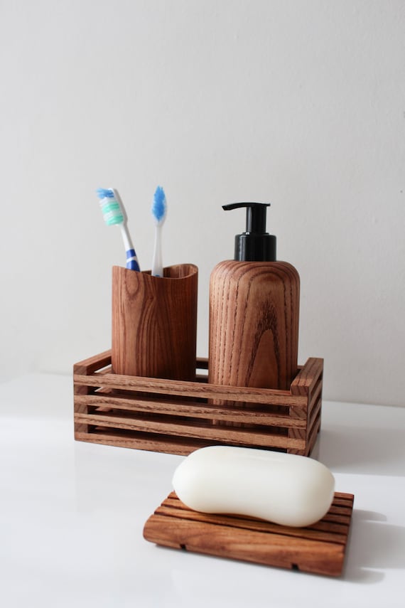 Wood Bathroom Accessories Set, Wooden Soap Dispenser, Toothbrush