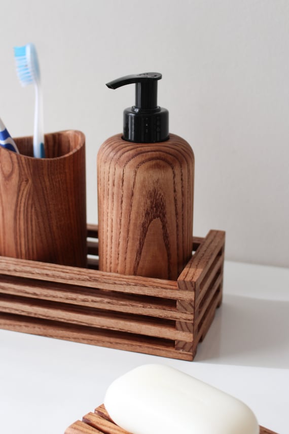 Set accessori bagno in legno, dispenser sapone in legno