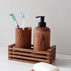 Wood bathroom organizer set / Soap Dispenser / Toothbrush holder / Wooden soap saver / Bathroom Accessories Set Dark