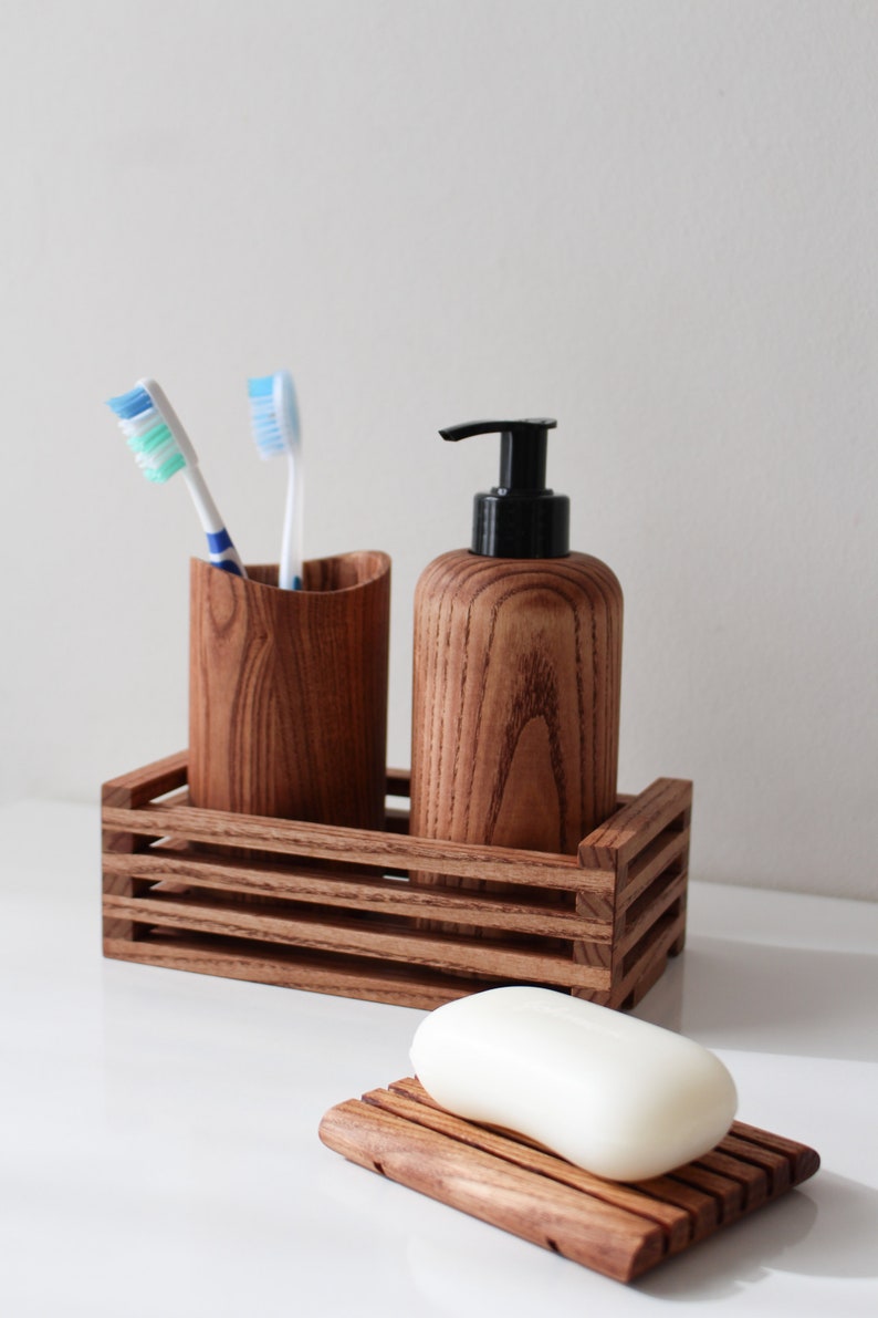 Wood bathroom organizer set / Soap Dispenser / Toothbrush holder / Wooden soap saver / Bathroom Accessories Set Dark