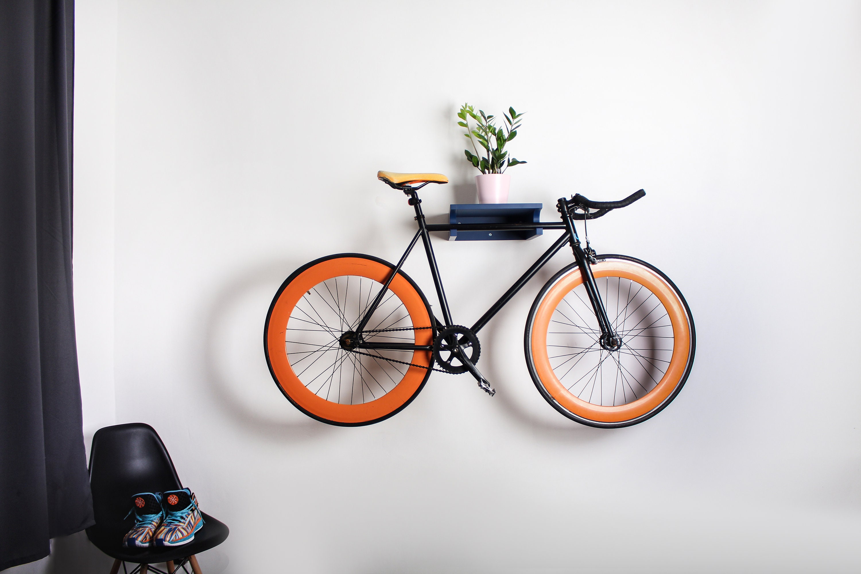 Wooden Bike Shelf / Blue Wall Bike Rack / Bicycle Holder / Wall Bike ...