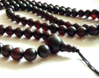 Soft mindnight - 108 baltic amber mala for meditation (size Ø7 colour 7 frost), buddhist meditation, guru bead, 108 bead mala