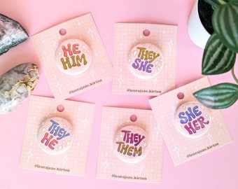 Colorful Illustrated Text Pronoun Pins //  1.25 in Handmade Button