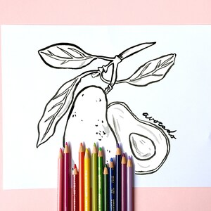 May include: Black and white avocado illustration with the word "avocado" written in cursive. The drawing is on white paper, with a collection of colorful pencils arranged at the bottom, against a pink background.