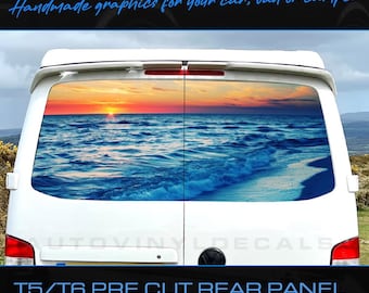 Calcomanía de vinilo precortada con diseño de paisaje playero y atardecer para puerta trasera de Volkswagen VW T5 T6