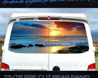 Calcomanía de vinilo precortada con diseño de paisaje playero y atardecer para puerta trasera de Volkswagen VW T5 T6