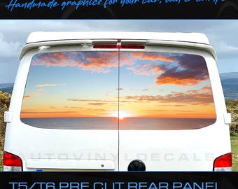 Calcomanía de vinilo precortada con diseño de paisaje playero y atardecer para puerta trasera de Volkswagen VW T5 T6