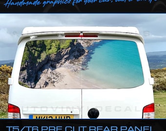 Vinilo precortado para puerta trasera de Volkswagen VW T5 T6 con paisaje de playa y atardecer en Cornwall