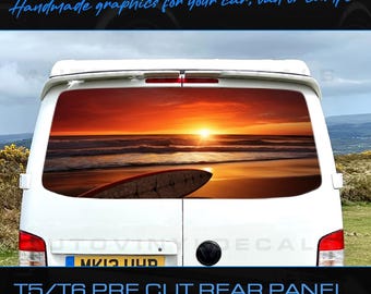 Calcomanía de vinilo precortada con diseño de paisaje playero y atardecer para puerta trasera de Volkswagen VW T5 T6