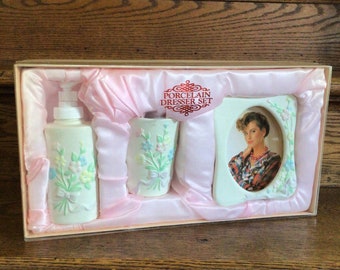 Vintage Porcelain Dresser Set - Vintage Vanity Set - Pump, Cup, and Picture Frame - White with Pink, Yellow, and Blue Flowers - Floral Set