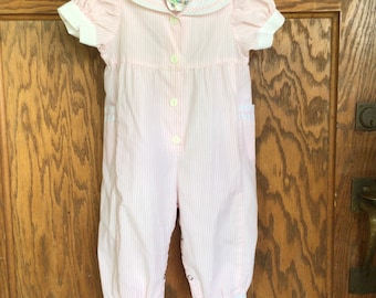 Vintage Pink and White Striped Jumpsuit - Fancy Pants Size 12 Months - Puffy Sleeve Jumper - Pink Jumper - Pink Romper - Sailor Collar