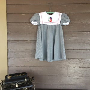 May include: A white and black gingham dress with a white Peter Pan collar and red trim. The collar has a floral embroidery design in red, blue, and green.