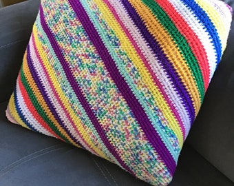 Vintage Crochet Pillow - Vintage Striped Pillow - Large Throw Pillow - Vintage Bed Pillow - Vintage Afghan Pillow - Handmade Vintage Pillow
