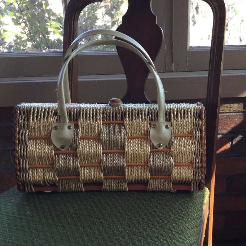 Vintage Woven Basket Handbag Wood Sides Woven Purse Etsy