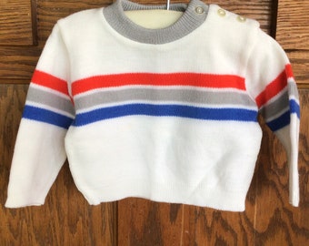 Vintage Sweater - White Sweater with Red, Blue, and Gray Stripes - Panda Bear Sweater - Made in Japan - Vintage Baby Sweater