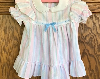 Vintage Baby Dress - Girls Size 12 Months Vintage Dress - Pastel Vintage Dress with Eyelet Lace Collar and Trim - New York Kids Dress