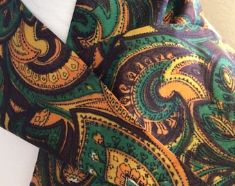 1960s Head Wrap - 1960s Scarf - Brown, Orange, Green Paisley Head Wrap - Paisley Scarf - Satiny Head Wrap - Mod Scarf - Wide Head Wrap