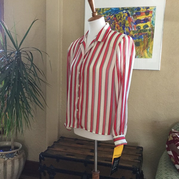 Vintage Sheer Blouse - Vintage Silky Blouse - Red and White Striped Blouse - Metallic Shimmer Blouse - Vintage Secretary Blouse