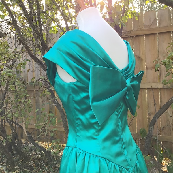 Vintage Teal Green Formal Dress - Teal Green Bridesmaid Dress - Teal Prom Dress - Teal Off-Shoulder Dress - Rhinestone Detail and Large Bow