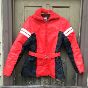 Vintage Winter Jacket - Vintage Winter Coat - Red and Black Winter Coat with Belt - Raven - Sioux Falls, South Dakota - Snowmobile Jacket
