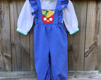 Vintage Girls Size 24 Months 2 Piece Clothing Set - Vintage Nannette Overalls - Owl Overalls - Blue and White Pinstripe Ruffled Overalls