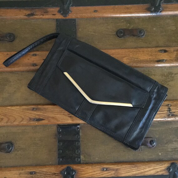 Vintage Black Leather Clutch with Gold Trim - Bla… - image 2