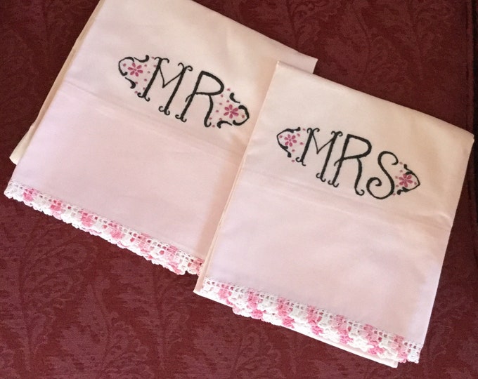 Vintage Mr and Mrs Pillowcases - Set of Two Pink Pillowcases - Vintage Embroidered Pillowcases - Embroidered Mr and Mrs Pillowcases