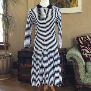 Vintage Forenza Dress - Authentic Sportswear - Size Small Long Sleeve Knit Dress - Black and White Striped Dress with Black Collar - Casual