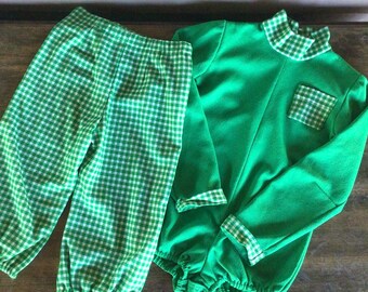 Vintage Handmade Toddler Outfit - 2 Piece Set - Green Gingham Pants and Green Bodysuit - Long Sleeve Onesie with Matching Pants - Polyester
