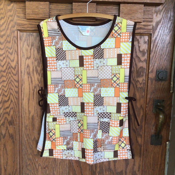 Vintage Patchwork Print Apron - Vintage Smock with Tie Sides - Union Made Sears Apron - Vintage Sears Apron - Brown, Orange, Yellow, White