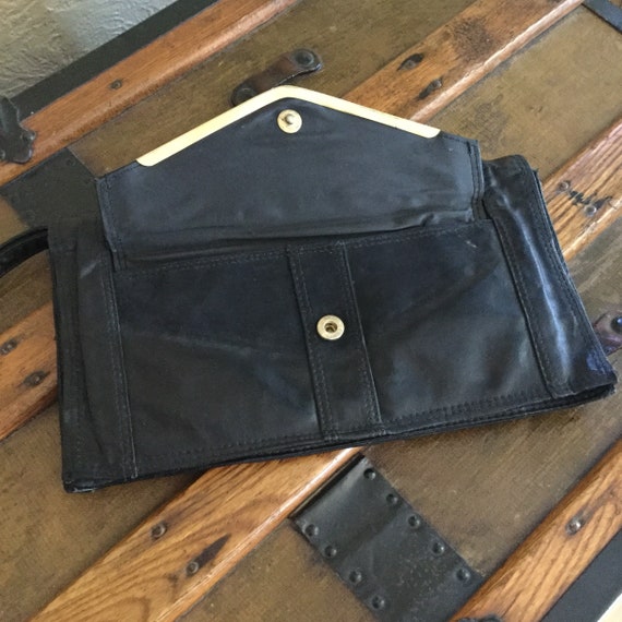 Vintage Black Leather Clutch with Gold Trim - Bla… - image 4