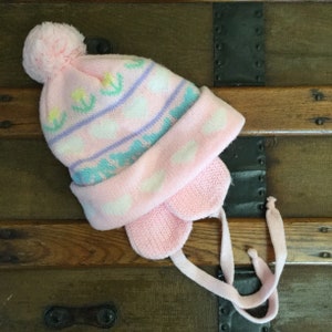 Vintage Baby Girl Hat - Girls Winter Hat - Girls Stocking Cap - Pink Knit Hat with Ear Flaps - Pom Pom Hat - Hearts, Bows, and Tulips