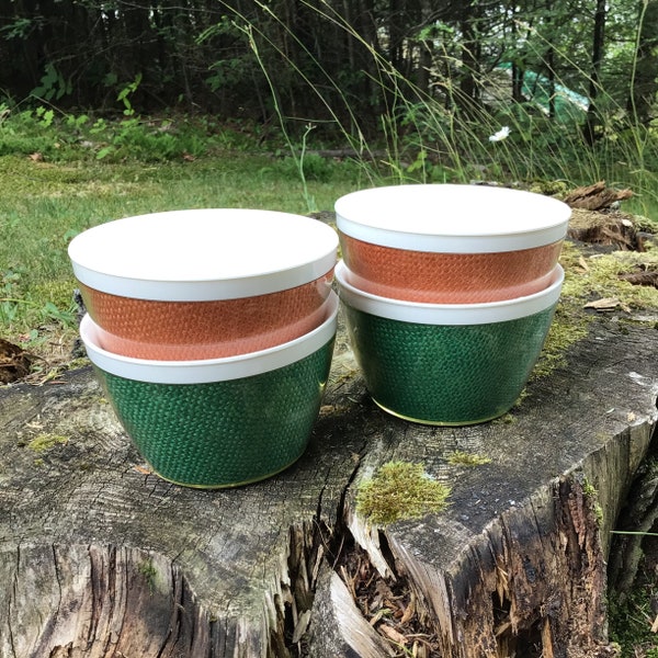 Set of 4 Vintage Plastic Bowls - Burlap-Look Bowls - Double Wall Bowls - Vintage Snack Bowls - Small Bowls - Green and Orange Dishes - Woven