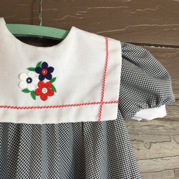 Girls Size 5 Vintage Dress - Navy Blue and White Checkered Dress with Appliqué Sailor Collar - Youngland Dress - Little Girls Vintage Dress