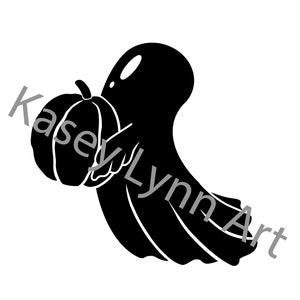 May include: A black silhouette of a ghost holding a pumpkin. The ghost is flying with its arms outstretched.