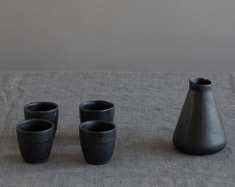 Black Sake Cups and Bottle Set, Japanese Small Sake cups, Ceramic Japanese Tea Set, Pottery Modern Sake Set, Elegant Pitcher and Shots Set