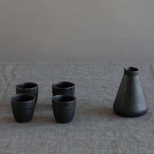 Black Sake Cups and Bottle Set, Japanese Small Sake cups, Ceramic Japanese Tea Set, Pottery Modern Sake Set, Elegant Pitcher and Shots Set
