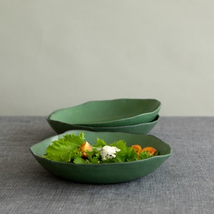 Set of TWO Green Rustic Ceramic Pasta Bowls, Handmade Pottery Dinnerware Bowls Set, Shallow Large Soup Bowl, Salad Serving Bowls image 1