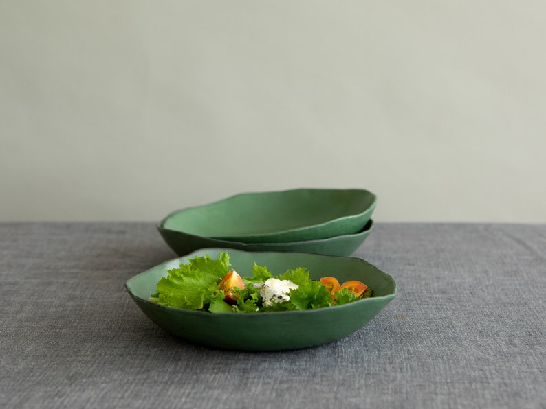 Set of TWO Green Rustic Ceramic Pasta Bowls, Handmade Pottery Dinnerware Bowls Set, Shallow Large Soup Bowl, Salad Serving Bowls image 1