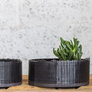 Puede incluir: Dos macetas de cerámica negra con textura acanalada. La maceta de la derecha tiene una pequeña planta suculenta verde.