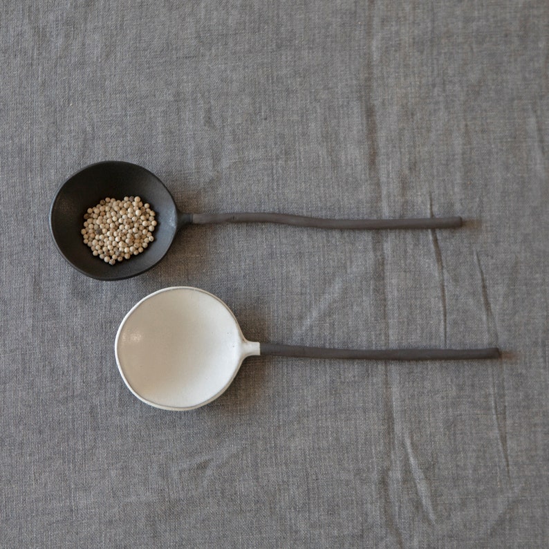 Set of 2 Large Modern Spoons: Stoneware Black & White, Hand made pottery