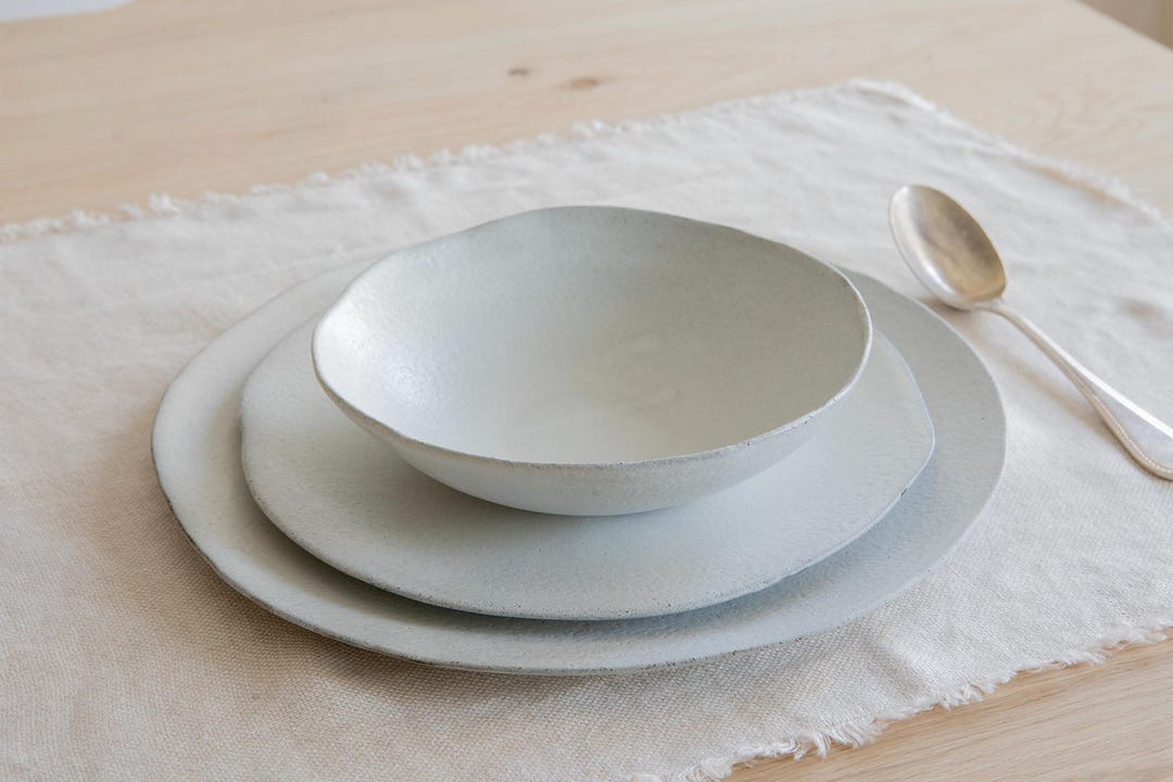 Buy White Modern Handmade Dinnerware Set Large Dinner Plate, Salad Plate,  Soup Bowl Online in India