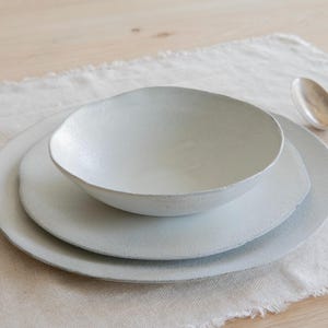 White Modern Handmade Dinnerware Set - Large Dinner Plate, Salad Plate,  Soup Bowl