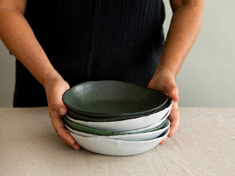 Set of TWO Green Rustic Ceramic Pasta Bowls, Handmade Pottery Dinnerware Bowls Set, Shallow Large Soup Bowl, Salad Serving Bowls image 6