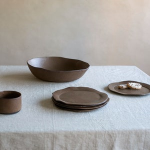 Handmade Rustic Ceramic Dessert Plate Set: Brown Salad Serving Plates