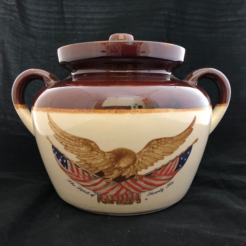 Vintage Mccoy Carved Wooden Eagle Bean Pot Crock Spirit Of Seventy Six With Lid